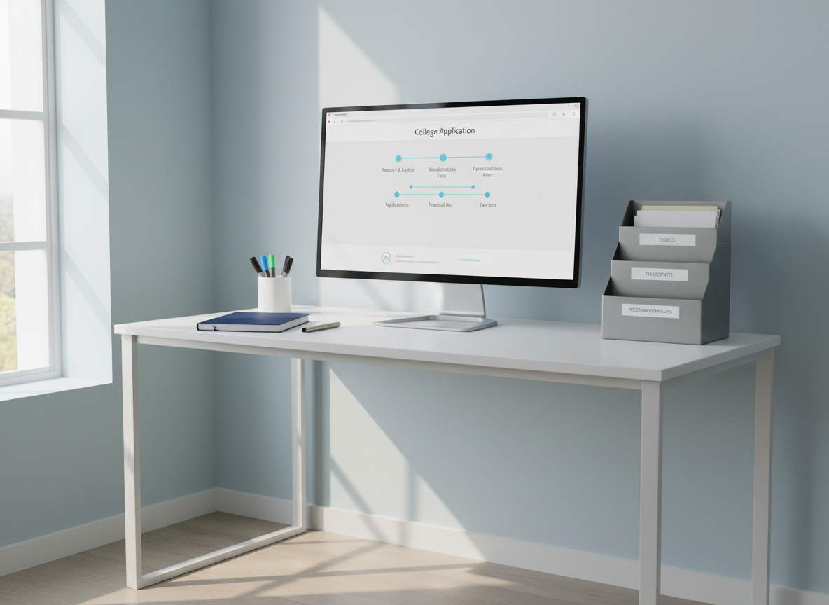A refined, minimalist home office corner designed for college planning, with a modern white desk against a pale blue wall, a large monitor displaying a clean, step-by-step college application roadmap, and a slim metal file organizer labeled “Essays,” “Transcripts,” and “Recommendations.” On the desk, a single navy-blue notebook lies open beside a brushed-steel pen and a ceramic cup holding color-coordinated highlighters. Natural afternoon light streams in from a side window, creating soft, directional illumination that casts gentle shadows and a calm ambiance. Photographic realism, medium-wide shot at eye level, with balanced composition using the rule of thirds. The atmosphere is professional, serene, and purposeful, visually representing structured, guided support through the application process.