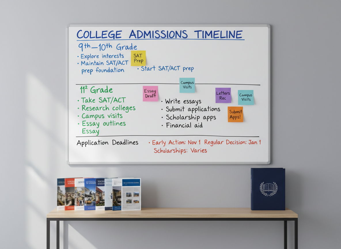 A large, clean whiteboard mounted on a soft gray wall, filled with a neatly handwritten college admissions timeline in different ink colors, with clear sections labeled “9th–10th Grade,” “11th Grade,” “12th Grade,” and “Application Deadlines.” Colorful sticky notes mark key tasks like “SAT Prep,” “Essay Draft,” and “Campus Visits.” Below, a slim, minimalist console table holds a tidy row of college brochures and a single navy-blue binder embossed with a subtle crest. Diffused daylight from the side creates an even, professional illumination with soft shadows, emphasizing legibility and order. Shot in photographic realism with a slightly wide, eye-level angle and sharp focus throughout, the atmosphere feels structured, confident, and encouraging, highlighting a clear path to college readiness.