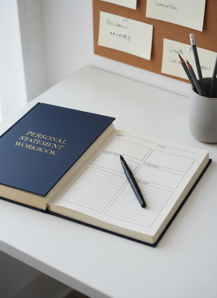 An elegant, photographic realistic close-up of a navy-blue hardcover “Personal Statement Workbook” lying open on a matte white desk, its pages filled with thoughtfully designed prompts and lined sections titled “Defining Moments,” “Values,” and “Future Vision.” A fine, matte-black fountain pen rests diagonally across the page, and a soft-gray ceramic cup holds a small array of neatly sharpened pencils. In the background, gently out of focus, a corkboard displays pinned index cards with concise theme ideas and keywords. Soft, diffused morning light from a nearby window washes the scene in a calm, even glow, creating faint, reassuring shadows. Captured at a slight diagonal angle with shallow depth of field, the composition feels intimate, reflective, and methodical, embodying confidence and clarity in crafting college application essays.