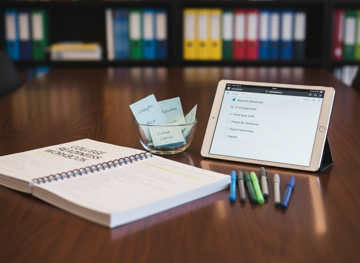A close-up, photographic realistic view of a polished dark-wood table displaying a curated spread of college planning materials: a thick, spiral-bound “College Readiness Workbook,” a sleek tablet showing a checklist interface, and a set of fine-tip pens arranged by color. Nearby, a small, modern glass bowl holds neatly folded slips labeled with prompts like “Strengths,” “Activities,” and “Goals,” hinting at reflective exercises. Soft, warm overhead lighting creates gentle highlights on the tablet screen and subtle reflections on the table’s surface. The background fades into a tasteful blur of shelves lined with neatly arranged binders and reference books. Captured from a slightly elevated angle with shallow depth of field, the scene feels focused, orderly, and intellectually engaging, reinforcing clarity and thoughtful preparation for college admissions.