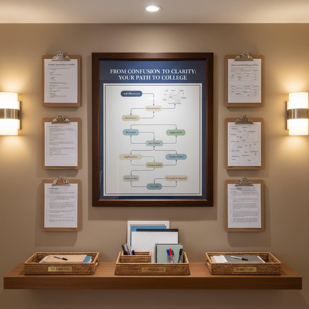 A sophisticated planning wall in photographic realism, featuring a large framed poster titled “From Confusion to Clarity: Your Path to College” with a clean, step-by-step flowchart design using muted blues and greens. Surrounding the poster are neatly aligned clipboards displaying sample application checklists, essay brainstorming webs, and a financial aid overview chart. Below, a narrow wooden shelf holds organized trays labeled “To Explore,” “In Progress,” and “Submitted.” Soft, indirect overhead lighting and subtle wall sconces create even illumination with gentle, professional shadows. Shot from a straight-on, medium-wide perspective to keep all elements legible and in focus. The mood is confident, structured, and aspirational, visually communicating that there is a clear, guided process from uncertainty to college readiness.