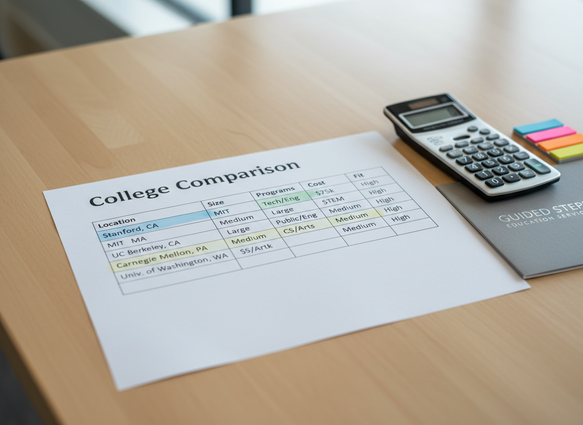 A close, detailed photographic realistic shot of a printed college comparison spreadsheet laid out on a smooth, light maple table. Columns labeled “Location,” “Size,” “Programs,” “Cost,” and “Fit” are filled with neatly typed entries for various universities, some highlighted with soft pastel markers. Alongside the sheet sits a sleek, silver calculator, a small stack of sticky flags, and a slim folder embossed with the words “Guided Steps Education Services.” Cool, diffused daylight illuminates the scene from above, eliminating harsh shadows and enhancing legibility. Captured from a slightly angled overhead perspective, with the main spreadsheet in sharp focus and edges gently fading into blur. The mood is analytical yet reassuring, emphasizing clarity, organization, and confident decision-making in the college admissions process.