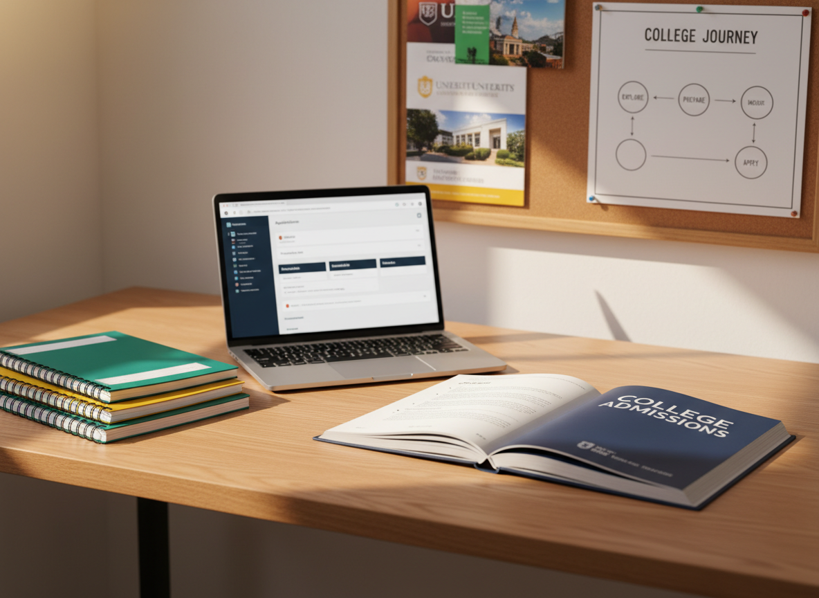A meticulously organized wooden study desk with a smooth light-oak surface, featuring an open navy-blue college admissions guidebook, a silver laptop displaying a clean college planning dashboard, and a neatly stacked set of color-coded notebooks. A corkboard in the background holds pinned campus brochures and a simple roadmap diagram labeled with milestones like “Explore,” “Prepare,” and “Apply.” Soft morning sunlight filters through an unseen window, casting gentle, directional light and subtle shadows that emphasize clarity and focus. Photographic realism, eye-level composition with a shallow depth of field keeps the desk in sharp focus while the background softly blurs. The mood is professional, calm, and reassuring, visually conveying guidance, structure, and readiness for the college admissions journey.